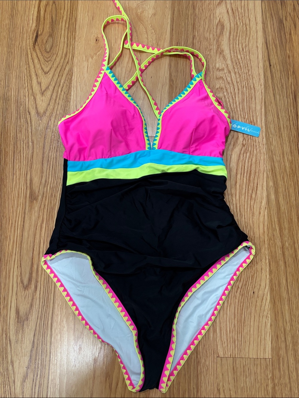 Popvil Black One Piece Swimsuit Women Color Block Plunge Shell Trim M NWT